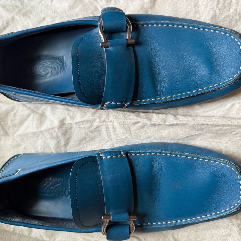 Salvatore Ferragamo Teal Leather Slip-Ons